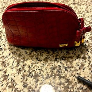 Velez Red Leather(?) Zippered Make-Up Bag w/Silver Lining. 8” W x 4 1/2” H. Good
